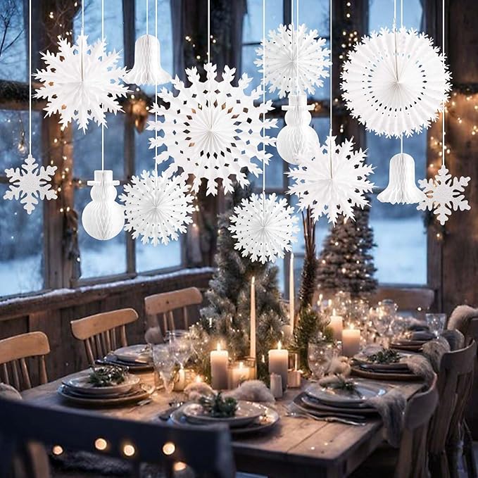 PAPER JAZZ 13 PCS Christmas Snowflake Decorations,White Paper Snowflake Hanging Ornaments,Christmas Honeycomb Decorations with Paper Fan/Garland/Snowman for Ceiling/Wall,Winter Wonderland,Winter Decor