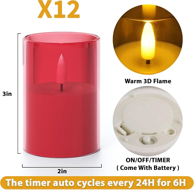 VIODAIM 12Pack Flickering Flameless LED Candles with Timer, Battery Powered - Small Pillar & Votive, Red (2"X3")