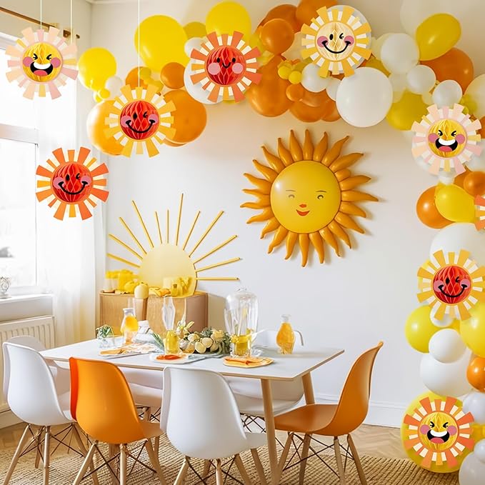 Paper Jazz First Trip Around The Sun Deorations,12pcs Sunshine Birthday Decorations,Boho Themed Party Decorations，Sun Birthday Party Hanging Pom Poms Honeycomb for Hippie Retro and Baby Shower.