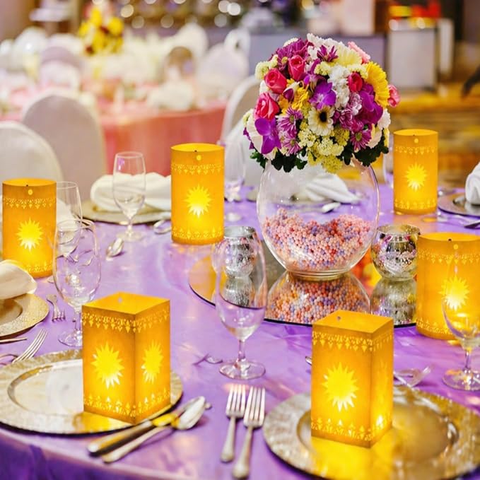 20 Set Paper Lanterns with LED Candles for Table Centerpieces, Sun Shaped Thickened Paper Cutout Lantern for Princess Girls Birthday Party Wedding Festival Decorations (Yellow)