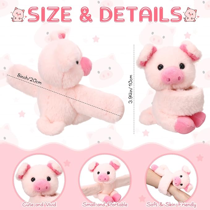 Liliful 8 Pack Kids Plush Gifts Stuffed Animal Cat Slap Bracelets - 8 Inch Back to School Prize Box Toys Wrist Cute Snap Birthday Rewards for Boys Girls Child Pet Adoption Party Favors(Pig)