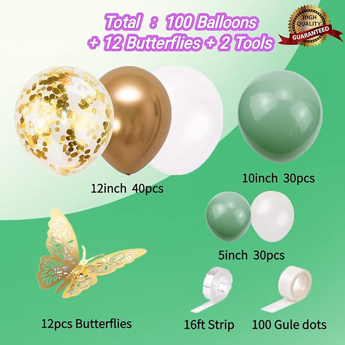 Green Balloon Garland Kit with Sage and Olive Balloons - 112pcs Sage Green Balloons with Gold Butterfly for Weddings, Baby Showers, Birthdays, and Jungle/Tropical Theme Decorations