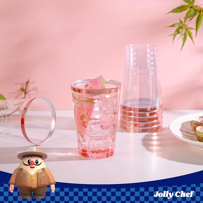 JOLLY CHEF 100 Pack Rose Gold Plastic Disposable Cups, 12 oz Clear Plastic Cups Tumblers, Elegant Rose Gold Rim Disposable Glasses Suitable for Party Wedding