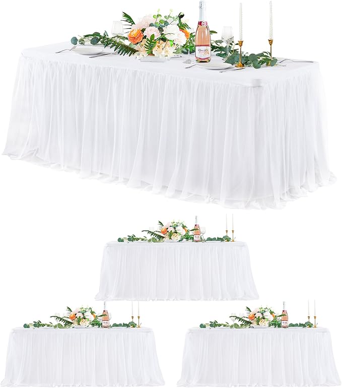 4 Pack White Tulle Tablecloths for 6 Foot Rectangular Tables, 72 x 30 Inch White Rectangle Table Cloth, Wrinkle Free Table Cover with Tutu Skirt for Wedding Birthday Party Banquet Buffet Decorations