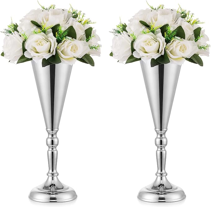 Sliver Vase Centerpiece Table Decorations - 2 Pcs Metal Tabletop Flower Stand, Wedding Decorations for Reception, 14in Trumpet Tall Flower Vase for Birthday, Weddings, Anniversary Ceremony, Home Decor
