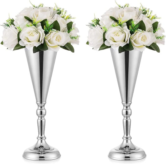 Sliver Vase Centerpiece Table Decorations - 2 Pcs Metal Tabletop Flower Stand, Wedding Decorations for Reception, 14in Trumpet Tall Flower Vase for Birthday, Weddings, Anniversary Ceremony, Home Decor