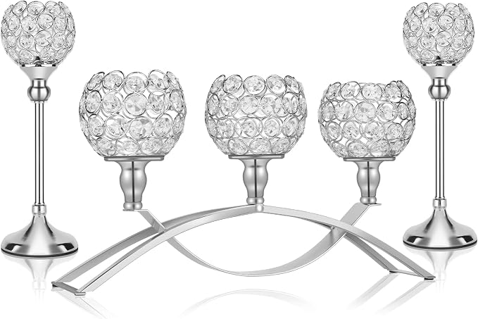 Silver Crystal Candle Holders, Decorative Arch Candelabra Centerpieces for Tables, 3-Arm Candlesticks Holder and 2 Glass Holders, Silver Table Decor for Wedding, Party, Anniversary
