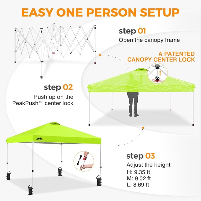 EAGLE PEAK Pop Up Canopy Tent with Wheeled Carry Bag, 8 Stakes, 4 Ropes, 4 Weight Bags, Easy Set Up Tent Canopy, 10x10 ft, 100sqft of Shade, Neon Green
