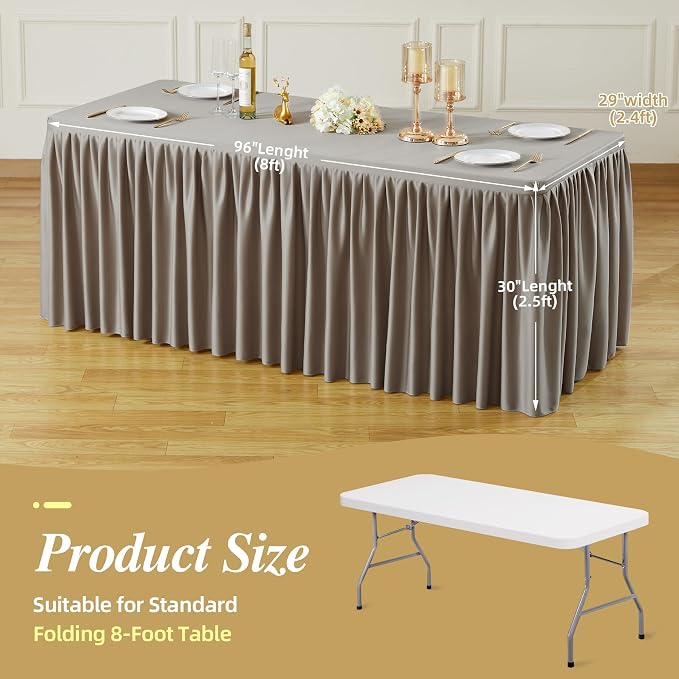 PARTISKY 6 Pack Natural Tablecloths for Rectangle Tables 8ft, Wrinkle Resistant Spandex Table Cover Fitted Stretch Table Cloth with Pleated Ruffle Skirts for Party Banquet Dining Birthday Wedding