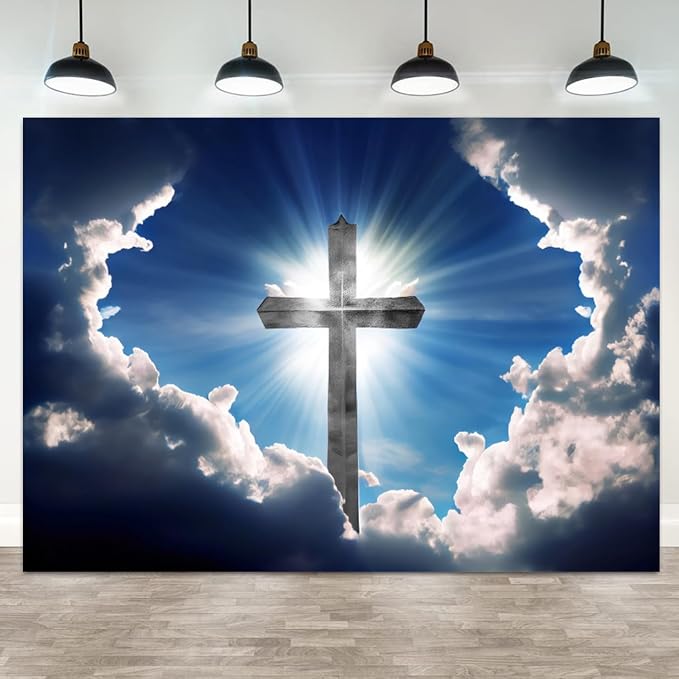 12x10ft Christian Cross Backdrop Heaven Sky White Clouds Photography Background Holy Crucifix Lord Pray Religious Church Event Easter Banner Decorations Baby Shower Portrait Photo Booth Prop