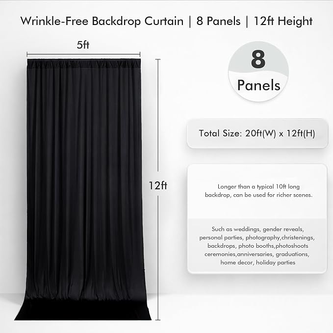 40ftx12ft Wrinkle Free Black Backdrop Curtain, 8 Panels 12FT Height Black Drapes for Wedding, Silky Polyester Photo Back Drop Cloth Draping for Birthday Party Photography Background