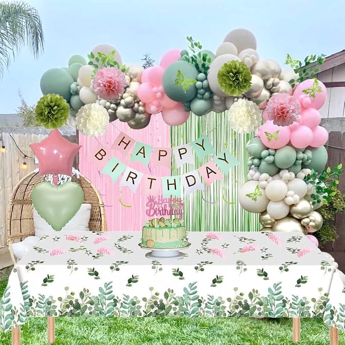 Pink and Sage Green Birthday Party Decorations with Happy Birthday Banner, Balloons, Sash, Crown, Butterfly, Hanging Swirls, Tablecloth, Fringe Curtain, Pompoms for Women Girls Princess Party Supplies