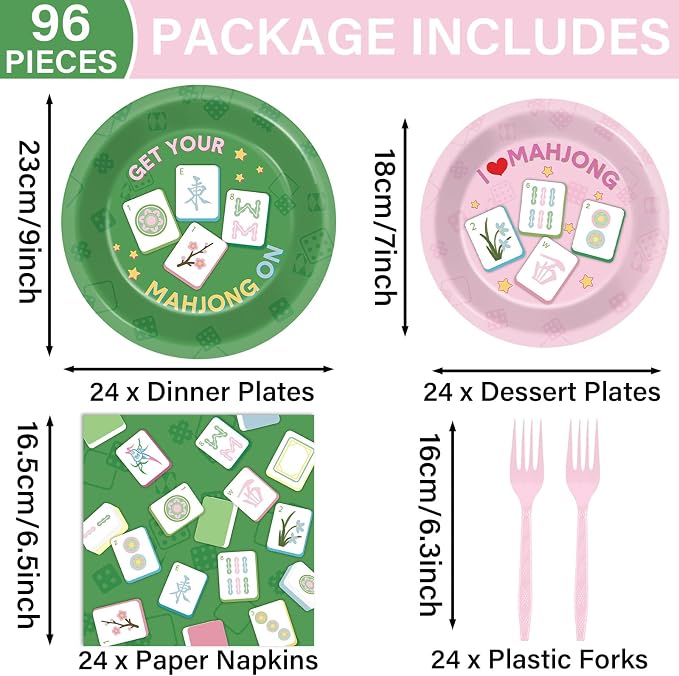 96pcs Mahjong Party Decorations Mahjong-Themed Paper Tableware Set Pink And Green Plates Napkins Forks Dinnerware for Home Special Events Game Night Party Supplies Birthday Serves 24 Guests