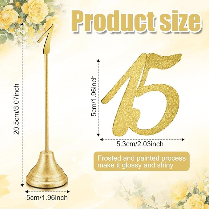Maitys 15 Pcs Metal Table Numbers 1-15 with Weighted Base 8 Inch Table Number Stands for Wedding Reception, Party, Anniversary, Birthday Banquet(Gold)