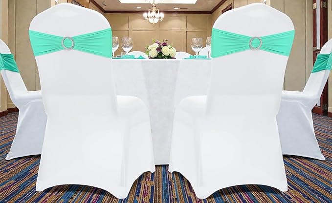 VDS - Tiffny Blue | Spandex Chair Sashes Bows | 75 PCS | Stretch Elastic Banquet Universal Folding Chair Band Tie with Silver Buckle Slider for Wedding Party Conference Celebration Event Decoration