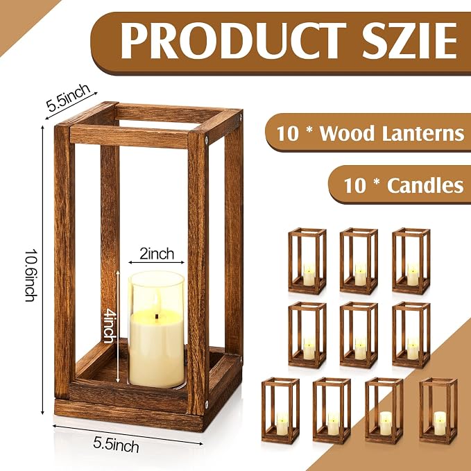 Sabary 10 Sets/ 20 Pcs Wooden Lantern Candle Holders with Candles for Wedding Decoration Vintage Table Centerpiece Farmhouse Rustic Candle Lantern for Indoor Fireplace Dining Party Decor (Caramel)