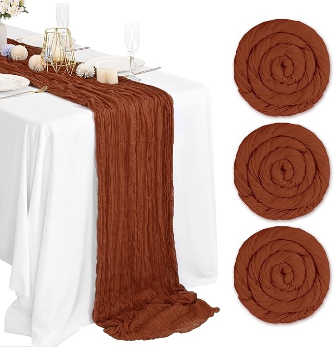 3 Packs Terracotta Cheesecloth Table Runner, 10Ft x 35" Rustic Gauze Boho Wedding Table Runner Decoration, Wedding Table Decor Table Cloth for Wedding Party Bridal Shower Table
