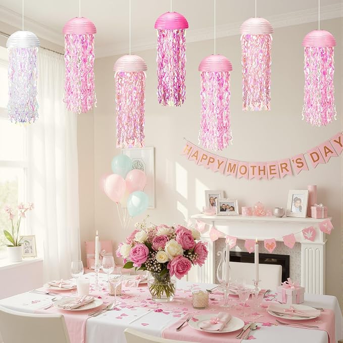 Baquler Set of 12 Jellyfish Paper Lanterns 10 Inch Semicircle Lanterns Hanging Decoration for Mermaid Sea Ocean Birthday Party Decorations(White, Pink, Rose Red, Peach)