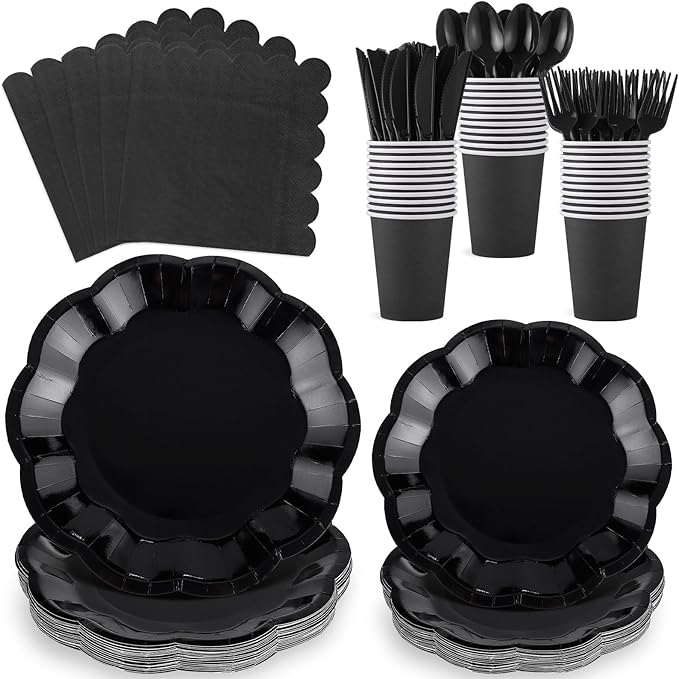 175 Pcs Black Plates and Napkins Set, 25 Guest Black Party Supplies Include 9" Dinner Plates and 7" Dessert Plate Paper Napkins Cup Disposable Plastic Cutlery for Wedding Birthday Graduation Party