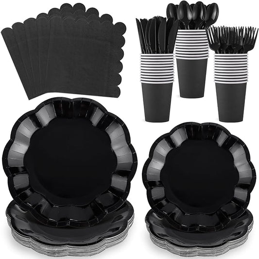 175 Pcs Black Plates and Napkins Set, 25 Guest Black Party Supplies Include 9" Dinner Plates and 7" Dessert Plate Paper Napkins Cup Disposable Plastic Cutlery for Wedding Birthday Graduation Party