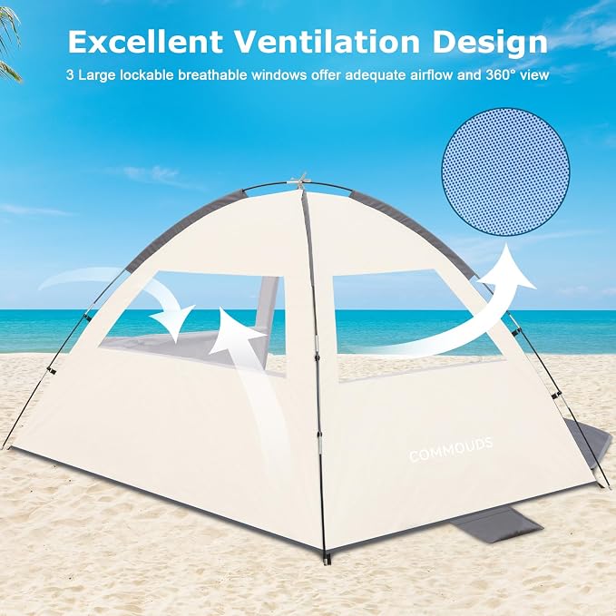 COMMOUDS Beach Tent Sun Shelter for 3/4/6/8 Person, UPF 50+ UV Protection Beach Shade Canopy Tent, Lightweight, Easy Set Up and Carry