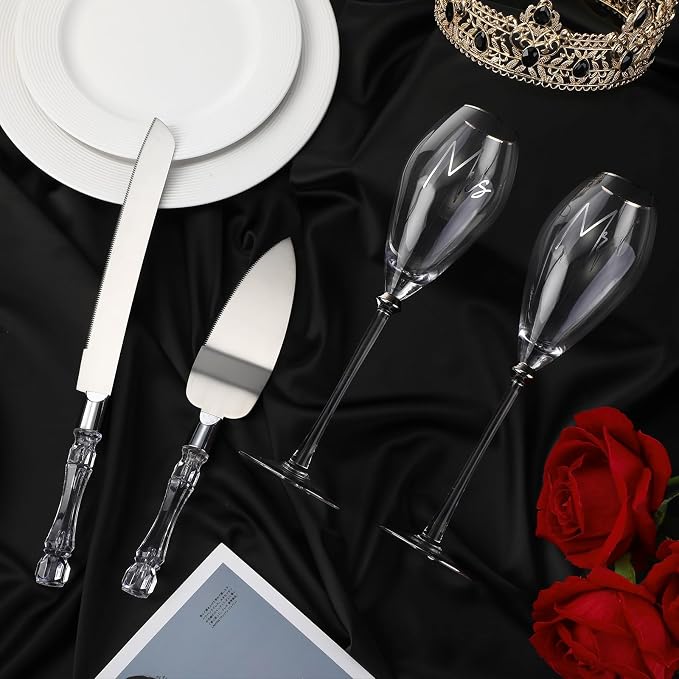 Boao 4 Pcs Wedding Cake Knife and Champagne Flutes Server Set, Wedding Reception Supplies Toasting Flutes Cylinder Champagne Glasses Cake Cutting Set for Engagement Gifts (Silver)