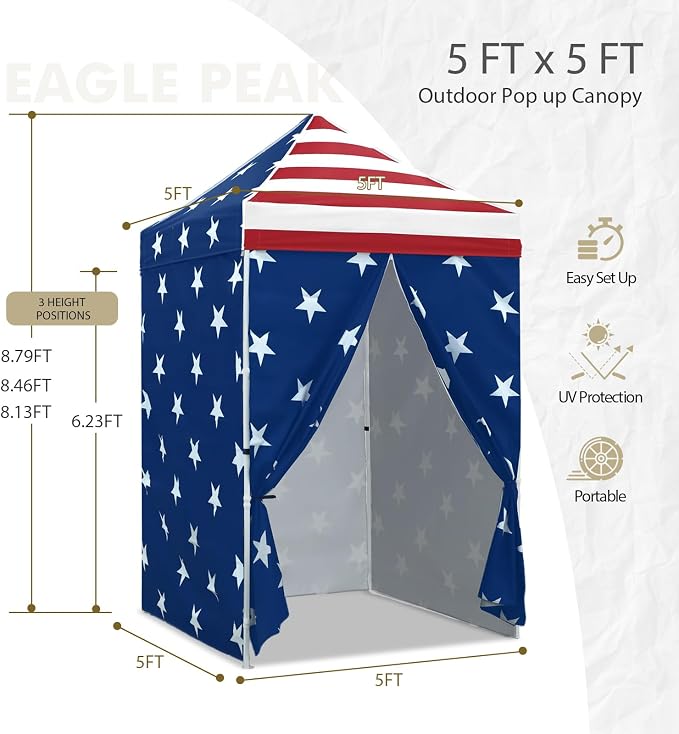 EAGLE PEAK 5x5 Instant Canopy with 4-Side Wall Panels, Small Pop up Portable Canopy Tent with Carry Bag, Light Weight Sun Shelter for Sports, Camping and Beach, American Flag