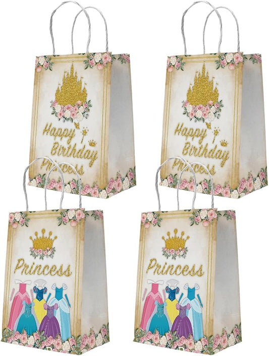 24Pcs Princess Birthday Goodie Bag for Girls Bday, Pink Floral Gold Castle Favor Bags Happy Birthday Party Supplies Candy Cookies Gift Decor 1st 2nd 3rd 4th Birthday Party Gift Bags with Handles