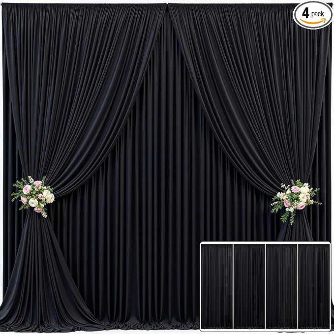 4 Panels Black Backdrop Curtain for Parties Wrinkle Free Black Photo Curtains Backdrop Drapes Fabric Decoration for Birthday Party Wedding 20ft(W) x 10ft(H)
