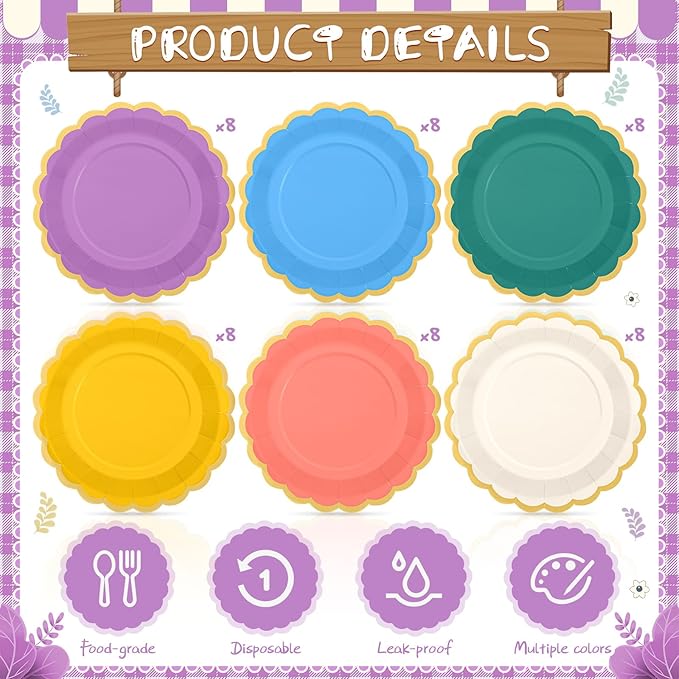 48 Pcs Boho Rainbow Paper Plates 9 Inch Colorful Scalloped Paper Plates Disposable Dinner Dessert for Birthday Wedding Bridal Party Supplies, 6 Colors