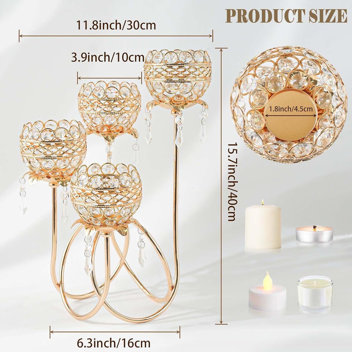 4 Arms Crystal Candelabra Tealight Holder - Tall 15.7 Inch Elegant Centerpiece with Crystal Pendant Bowls & Artistic Metal Stand for Wedding, Dining Table, Home Decor (2, Gold)