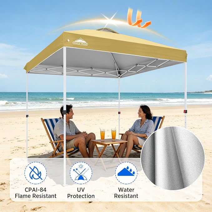 EAGLE PEAK Pop Up Canopy Tent with Wheeled Carry Bag, 8 Stakes, 4 Ropes, Easy Set Up Tent Canopy, 8x8 ft, Beige
