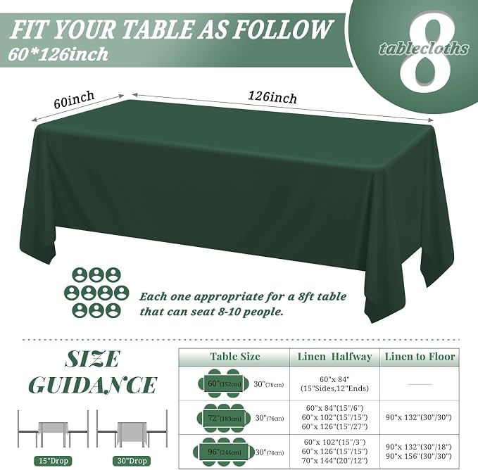 8 Pack 60 x 126 Inch Rectangle Tablecloth, Hunter Green Tablecloth for 8 Feet Rectangle Tables, Stain and Wrinkle Resistant Washable Fabric Table Cloth for Wedding Dining Table Buffet Parties Camping