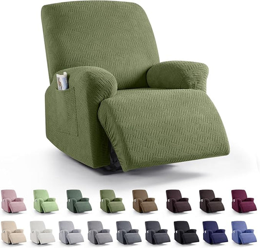 KinCam Recliner Covers, Stretch Reclining Chair Covers, Recliner Sofa Slipcovers Stripe Jacquard Recliner Couch Covers Furniture Protector Covers for Pet Kid (1 XL Seater, Olive Green)