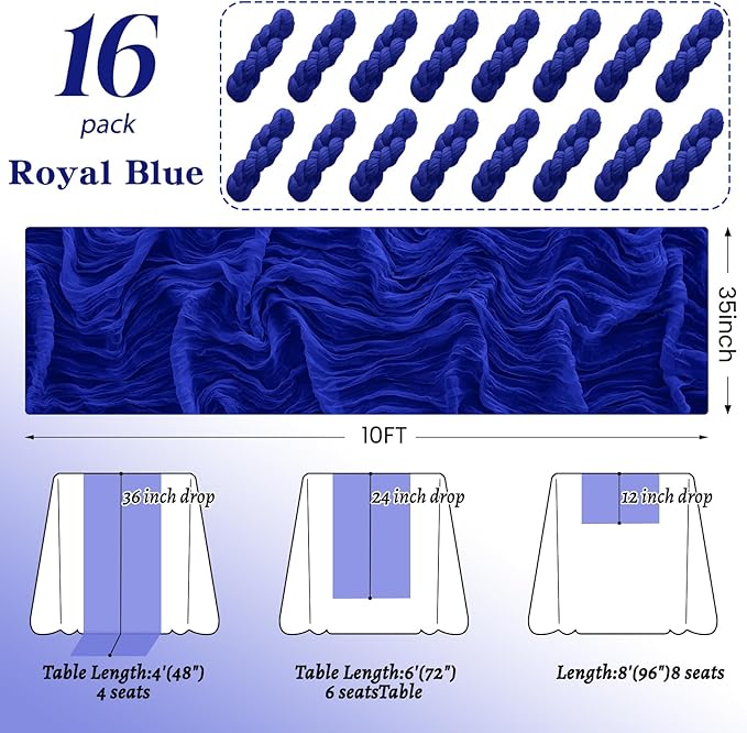 16Pack Royal Blue Table Runners 10FT Royal Blue Cheesecloth Table Runner 35x120Inch Long Boho Cheese Cloth Table Runner Rustic Gauze Table Runners for Party Wedding Bridal Baby Shower Decorations