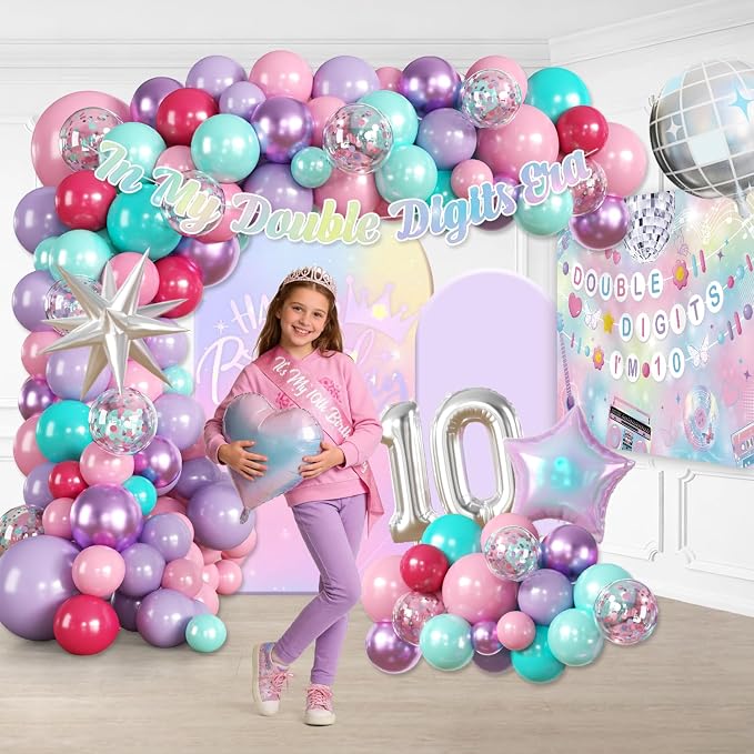10th Birthday Decorations for Girls All-in-one Set, 279pcs Double Digits Birthday Girl Decorations Serves 25 with Backdrop Balloons Tableware Tablecloth Crown Sash Centerpiece Cupcake Toppers