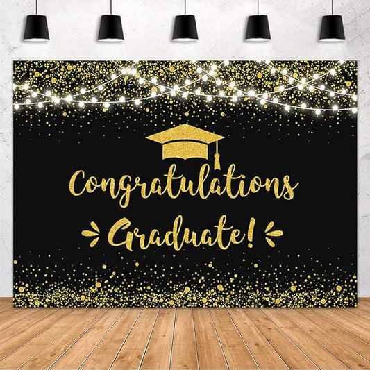 MEHOFOND Congratulation Graduate Backdrop Class of 2026 Graduation Party Decorations Background Black Gold Congrats Grad Decor Banner Photography Background Studio Photo Booth Props 10x7ft