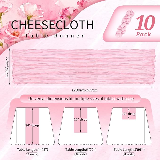 10 Pack Light Pink Cheesecloth Table Runner 10FT Boho Gauze Cheese Cloth Table Runners Romantic Rustic Sheer Table Decorations for Wedding Party Baby Shower Birthday Holiday Home