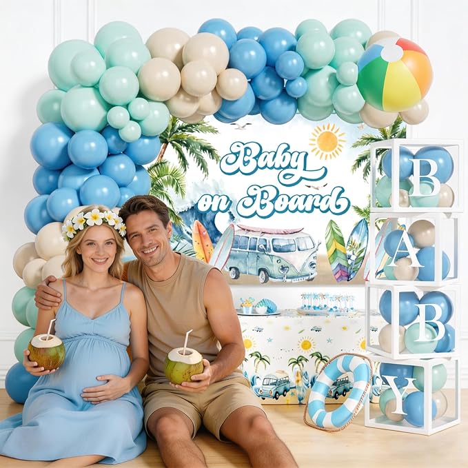Party Inspo Baby on Board Baby Shower Decorations - 122Pcs Surf Theme Party Supplies for Boys with Backdrop, Tablecloth, Balloon Boxes and Ocean Blue Garland Kit