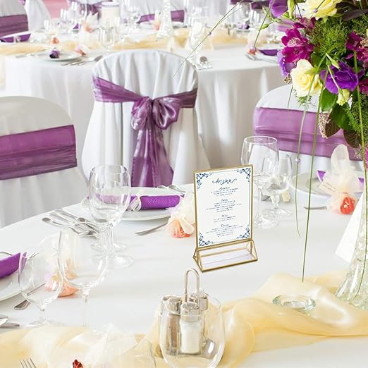 NIUBEE 12Pack 5 x 7 Clear Acrylic Wedding Table Number Holder Stands with Gold Borders, Double Sided Gold Picture Frames Sign Holder for Restaurant Table Menu Recipe Cards Photo Display