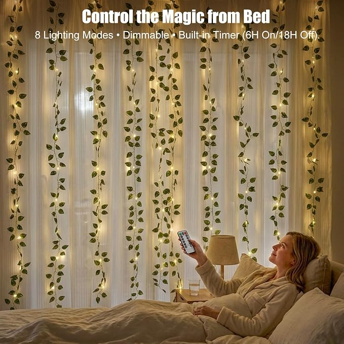 Bexdir 200 LED Vine Lights for Bedroom Decoration, 6.6x6.6ft Pre-assembled Hanging Fake Vines with Fairy Lights Plug in, Aesthetic Artificial Pothos Curtain Lights for Room Wall Decor, Remote Included
