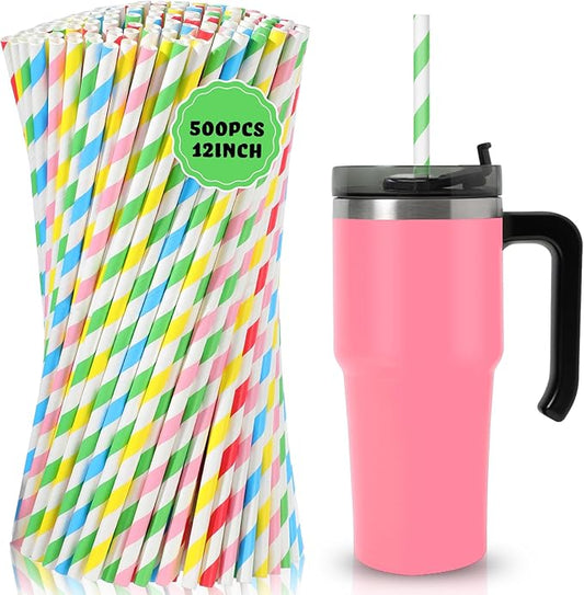 Eaasty 500 Pack 12 Inch Extra Long Paper Straws Bulk Disposable, 8 mm Wide Stripe Straws in 5 Colors, 100% Biodegradable, Non-soggy Paper for About 40oz Tumblers Smoothies Tall Drinks