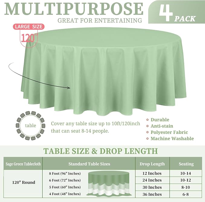 Showgeous 4 Pack Sage Green Round Tablecloth 120 Inch Polyester Table Cloth for Tables - Washable Decorative Fabric Covers for Wedding, Dining, Party, Banquet