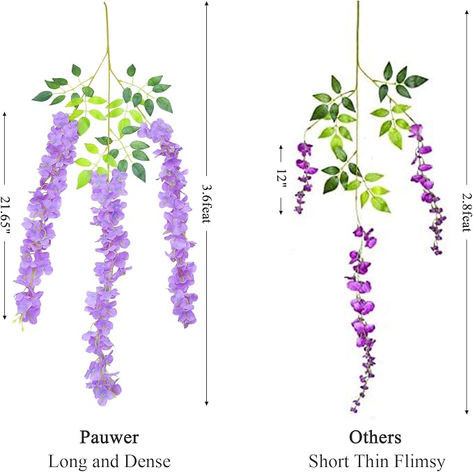 Pauwer Wisteria Hanging Flowers 24 Pack Fake Flower Garland Artificial Wisteria Vines Rattan Silk Flower String Wedding Party Wall Decorations,Purple