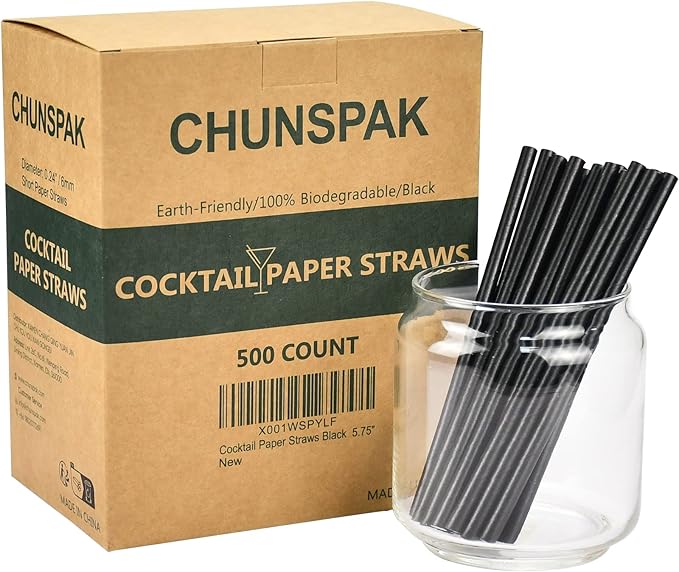 Black Paper Straws 5.75 inch - 500 Bulk Biodegradable Paper Drinking Straws and Stir Sticks for Coffee and Cocktails