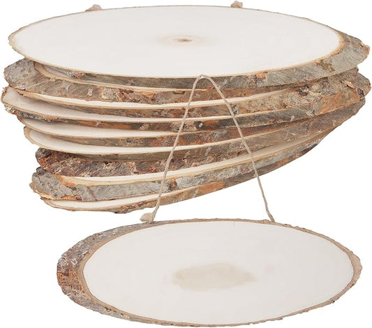 JAPCHET 10 PCS Oval Wood Slices, 15" L x 5.5" W Wooden Slices with Small Eye Ring and Lanyard, Natural Wood Plaque Hanging Signs for Painting, Ornament