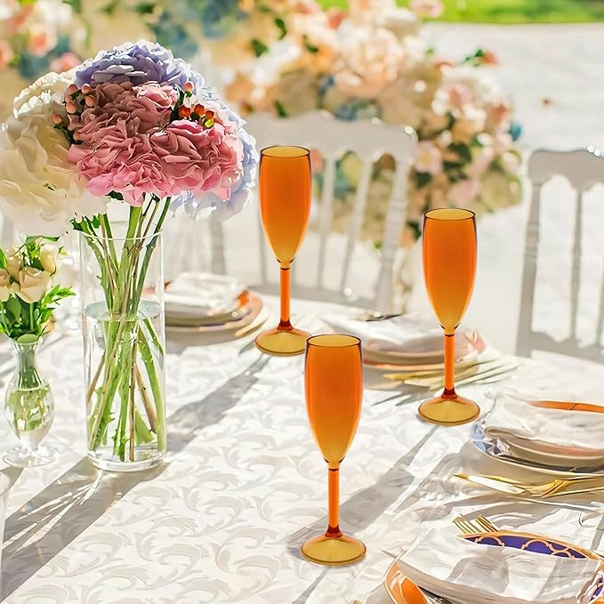 Champagne Flutes 5.4OZ Plastic Champagne Glasses Wine Glasses 24Pcs Plastic Goblets for Parties Mimosa Bar Glasses Stemmed Drinking Cups for Wedding Celebration Christmas Birthday Bride (Amber)