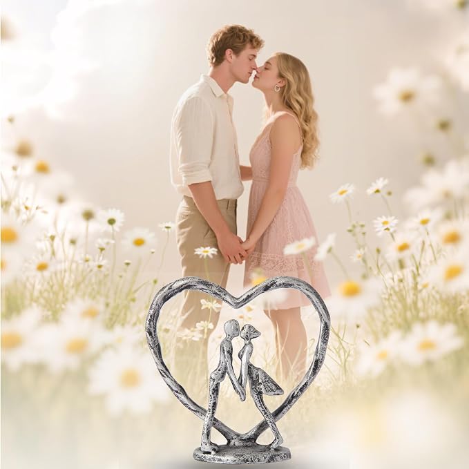 Anniversary Wedding Gift for Her Wife Husband Couple， Antique Silver Metal Couple Figurine Heart Sculpture Love Statue，Romantic 1st to 60th Anniversary,Includes Gift Box and Gift Card，Valentines Gifts