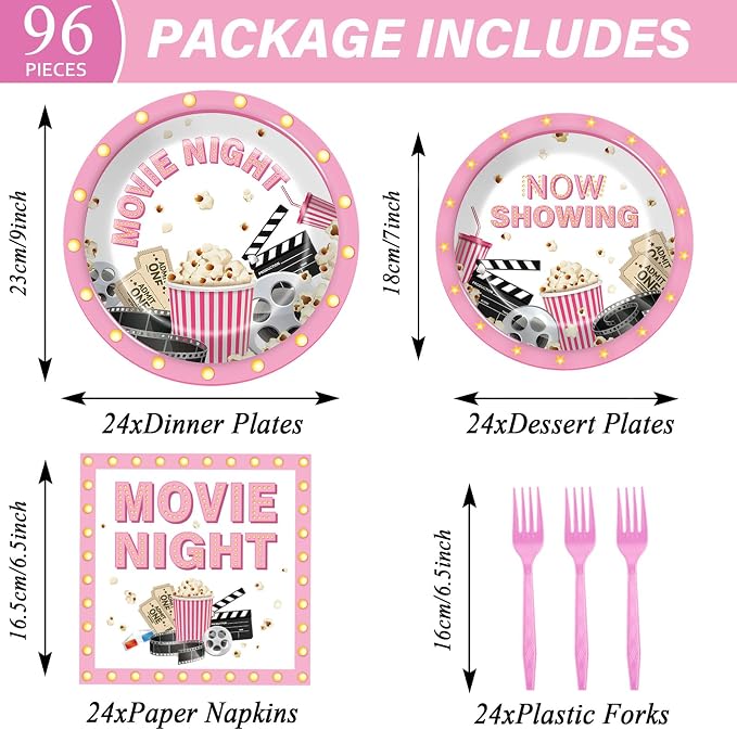 96Pcs Movie Night Party Supplies Pink Movie Birthday Plates and Napkins Theater Pop Corn Tableware Disposable Dessert Dinnerware for Girls Film Festival Birthday Party for 24 Guests