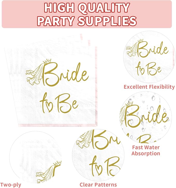 200Pcs Bridal Shower Party Decorations Bride To Be Plates and Napkins White Pink Gold Scalloped Disposable Tableware Set for Wedding Engagement Bachelorette Party Supplies Serves 50